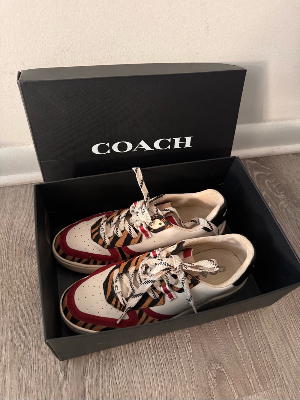 COACH Women's Burgundy, Cream & Tiger-Print Leather Sneakers